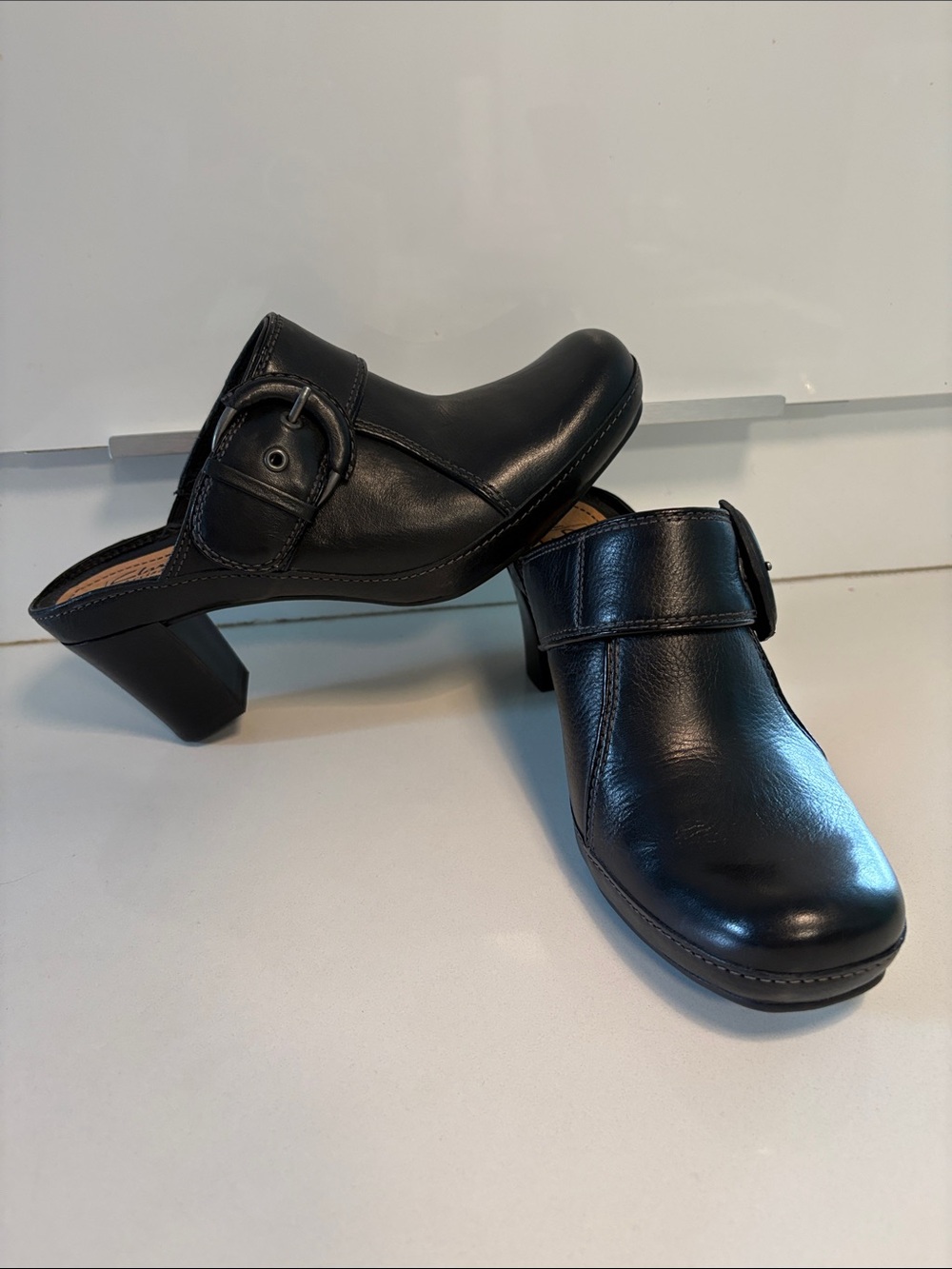 Clarks Artisan Classic Black Leather Heeled Mules Clogs